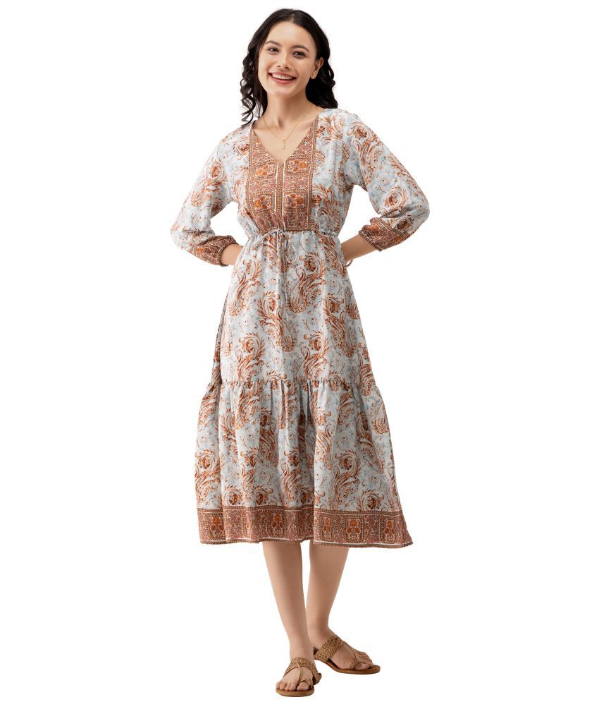     			aask Polyester Blend Printed Knee Length Women's Fit & Flare Dress - Camel ( Pack of 1 )