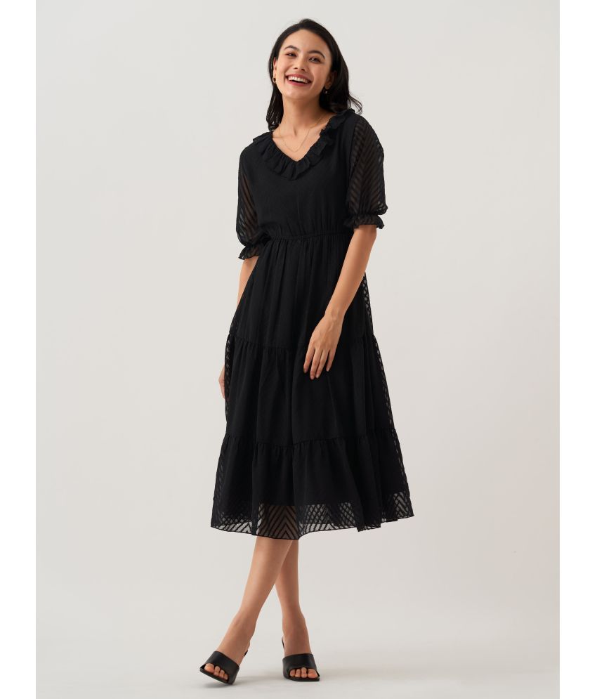     			aask Polyester Blend Striped Knee Length Women's Fit & Flare Dress - Black ( Pack of 1 )
