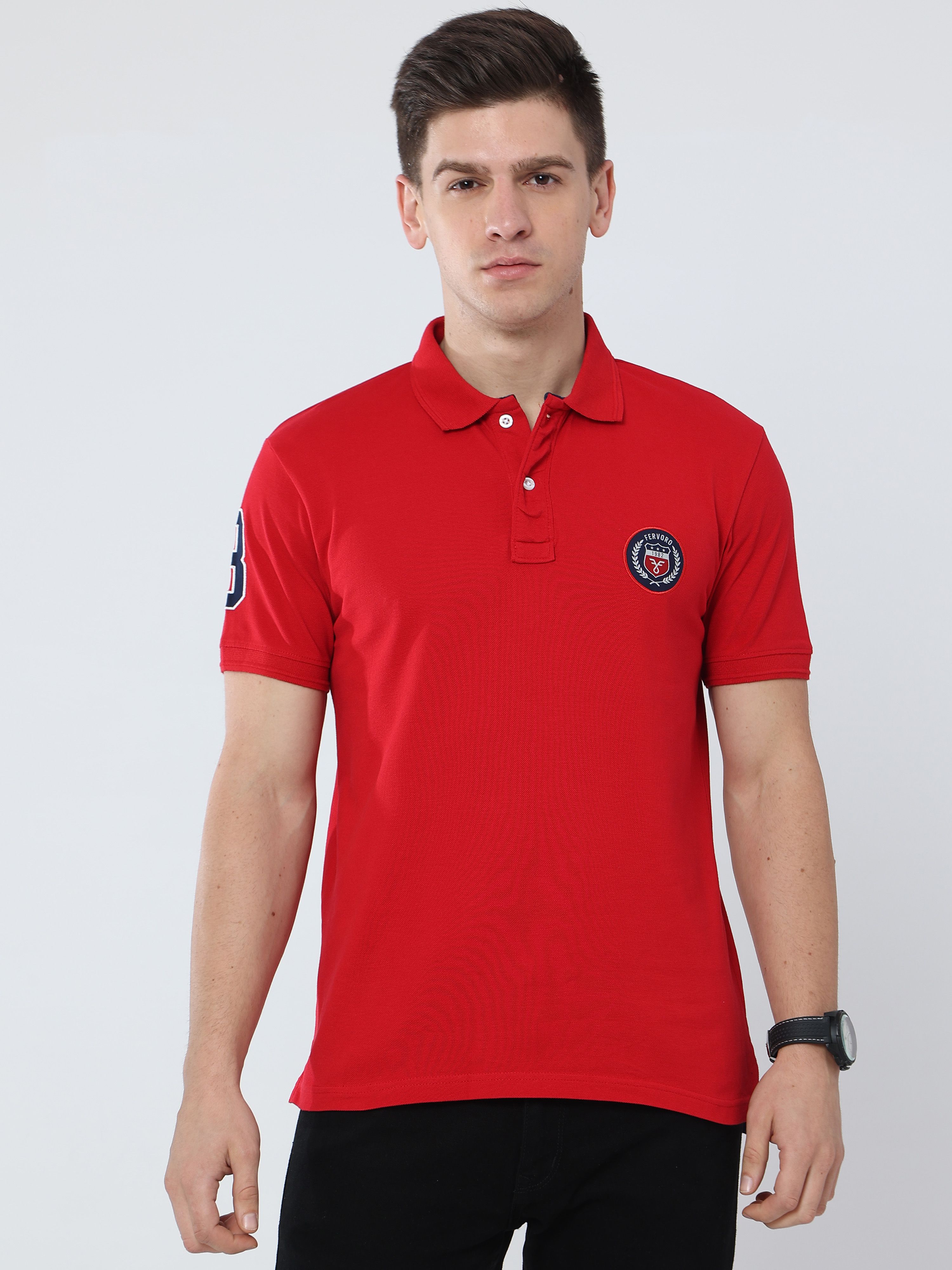     			FERVORO Cotton Blend Regular Fit Self Design Half Sleeves Men's Polo T Shirt - Red ( Pack of 1 )