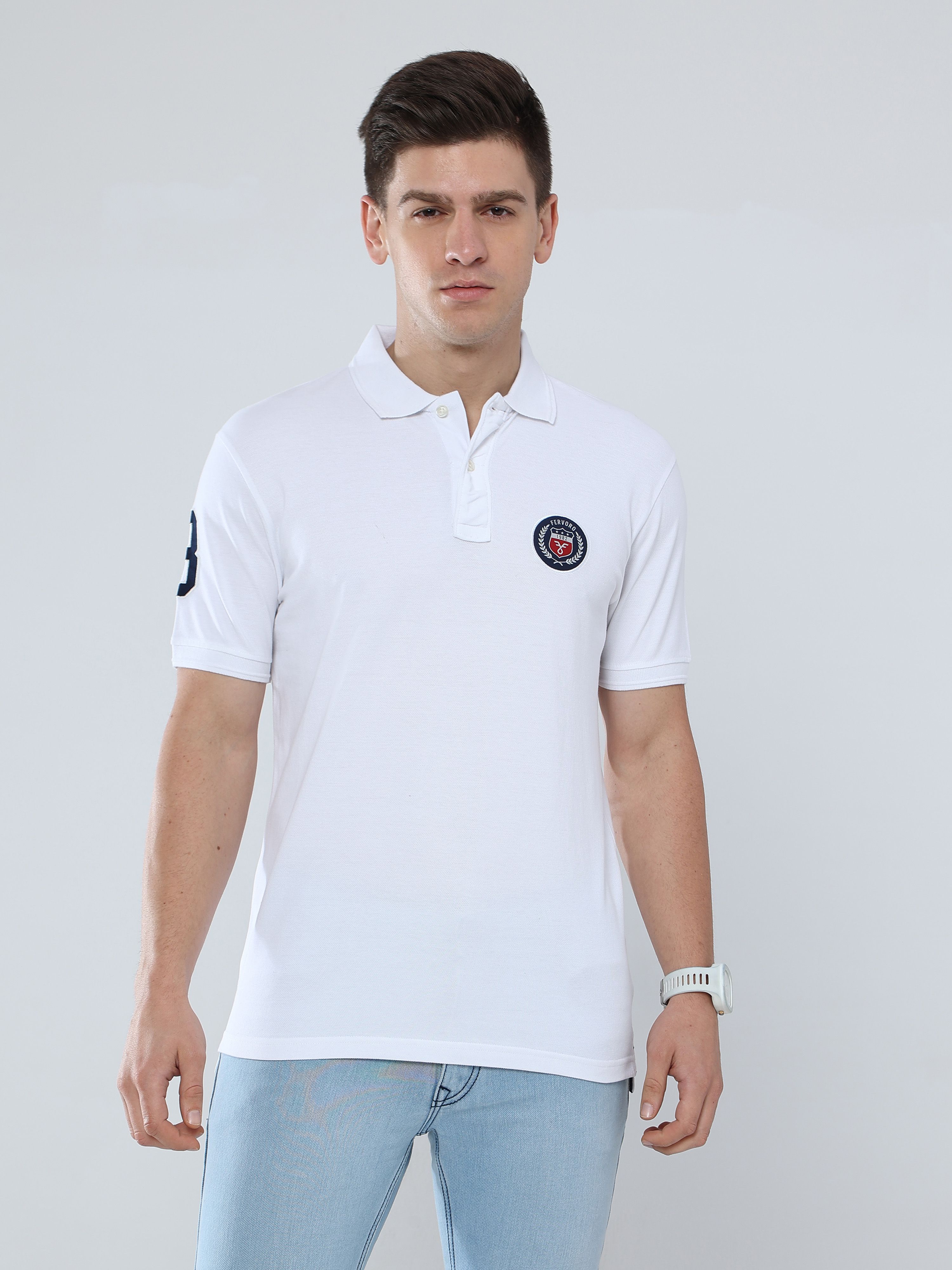     			FERVORO Cotton Blend Regular Fit Self Design Half Sleeves Men's Polo T Shirt - White ( Pack of 1 )