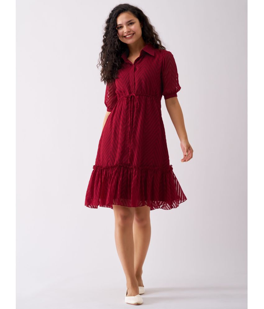     			aask Polyester Blend Embroidered Knee Length Women's Fit & Flare Dress - Maroon ( Pack of 1 )