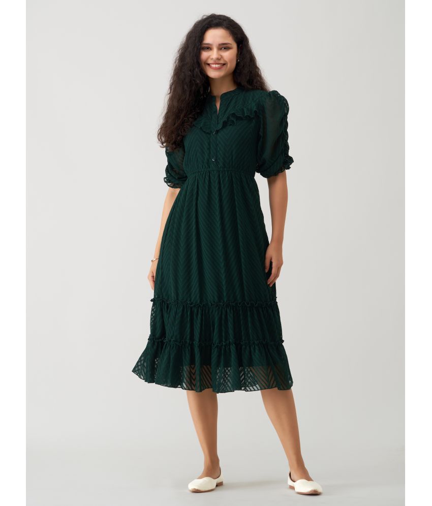     			aask Polyester Blend Striped Knee Length Women's Fit & Flare Dress - Green ( Pack of 1 )