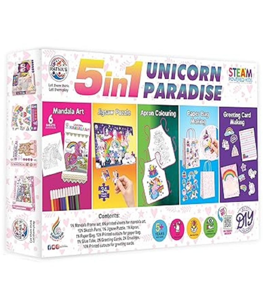     			RATNA'S 5 in 1 Unicorn Paradise Kit with Activities Like Mandala Art, Jigsaw Puzzle, Apron Colouring, Paper Bag Making & Greeting Card Making Art & Craft Creative Kit for Kids 5+ Years