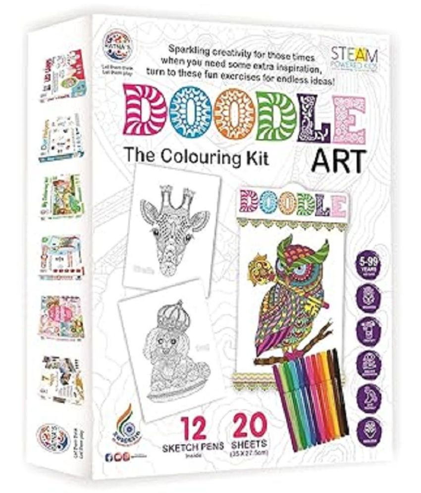     			RATNA'S Doodle Art Colouring Kit - 20 Sheets & 12 Sketch Pens - Fun and Educational Colouring Set for Kids and Adults - Doodle Animal & Bird Design - Let Your Creativity Shine