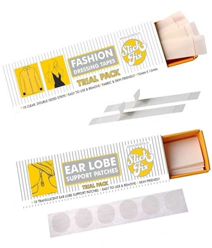     			SlickFix Trial Pack Combo - Fashion Dressing Tape/Invisible Double-sided Body Tape & Ear Lobe Support Patches (18 pcs each)