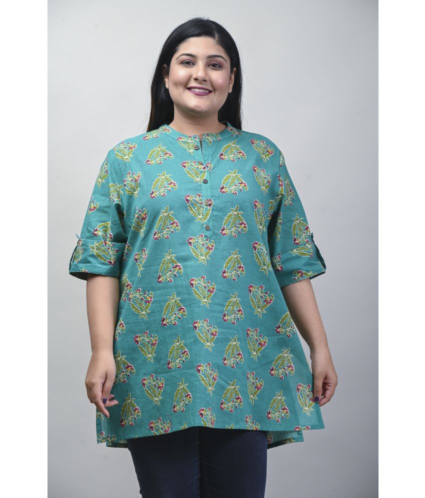     			Swasti Cotton Printed Shirt Style Women's Kurti - Turquoise ( Pack of 1 )