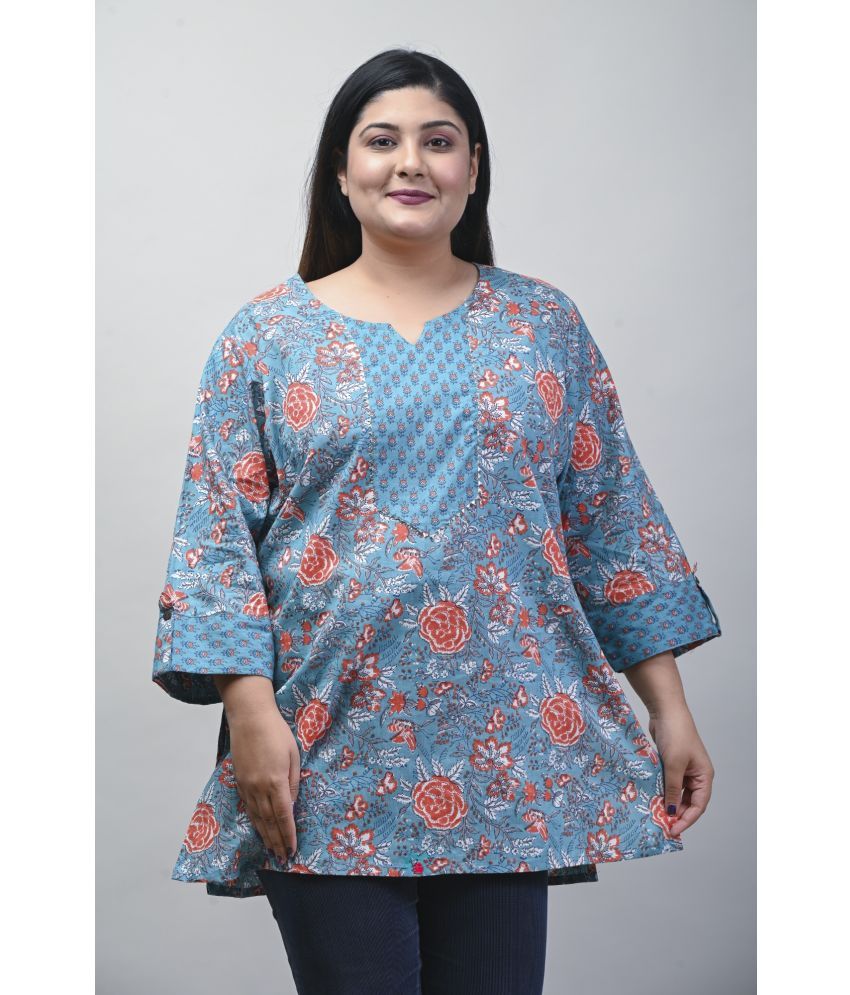     			Swasti Cotton Printed Shirt Style Women's Kurti - Blue ( Pack of 1 )