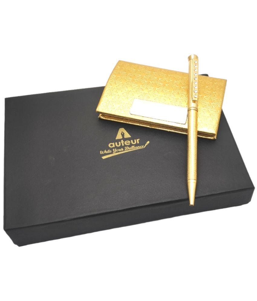    			Auteur Golden Colour RFID Safe Card Holder and Metal Body Ball Pen Gift Set - Elegant Corporate Gift | Stylish Pen with RFID Blocking Card Holder | Executive Business Gift Combo"