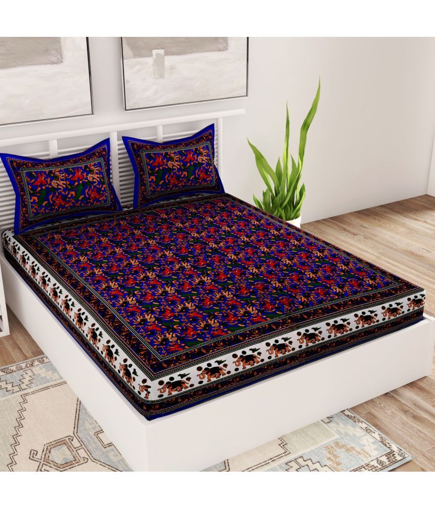     			Uniqchoice Cotton Ethnic Double Bedsheet with 2 Pillow Covers - Blue