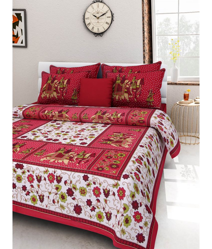     			HOMETALES Cotton Ethnic Double Bedsheet with 2 Pillow Covers - Red