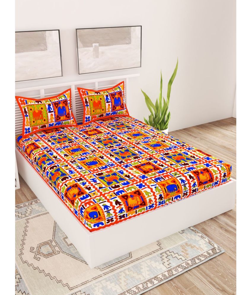     			Uniqchoice Cotton Ethnic Double Bedsheet with 2 Pillow Covers - Orange