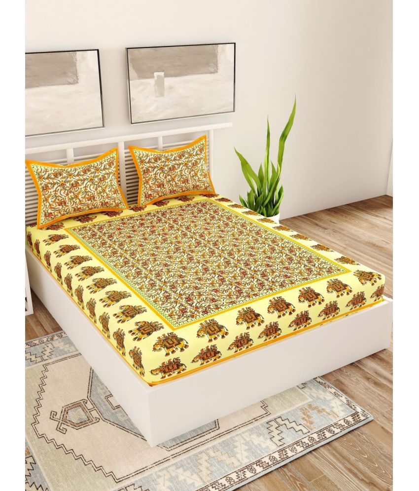     			Uniqchoice Cotton Ethnic Double Bedsheet with 2 Pillow Covers - Yellow
