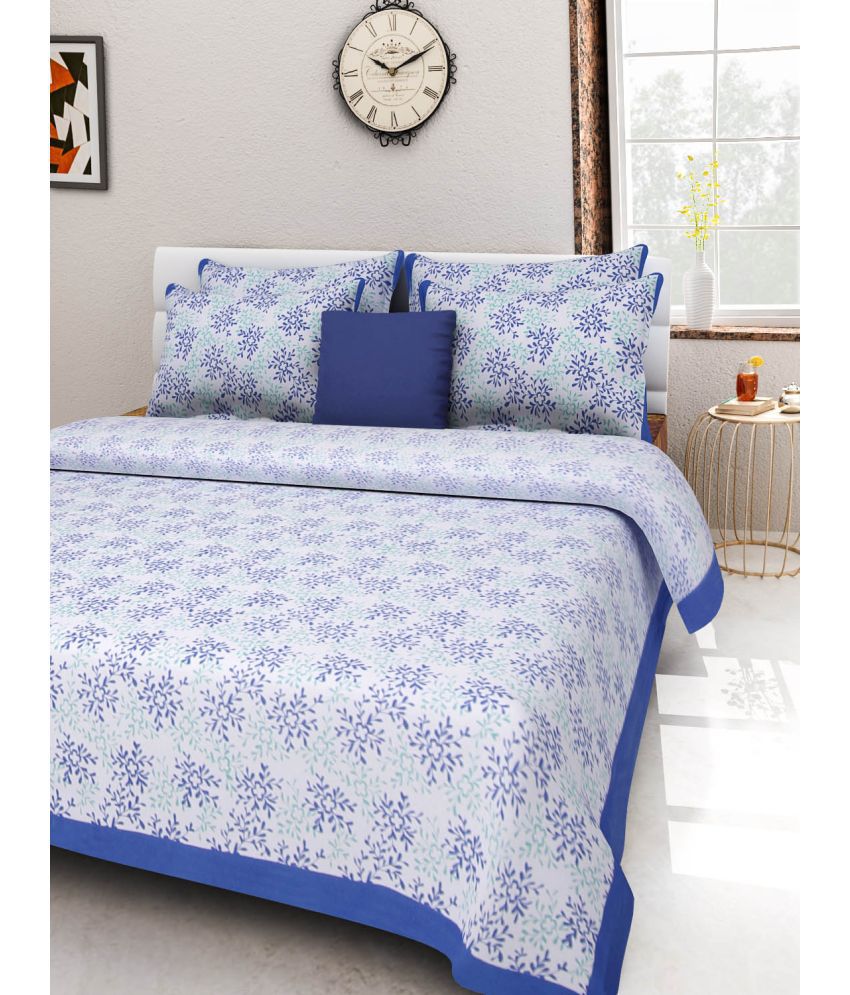     			HOMETALES Cotton Floral Double Bedsheet with 2 Pillow Covers - Blue