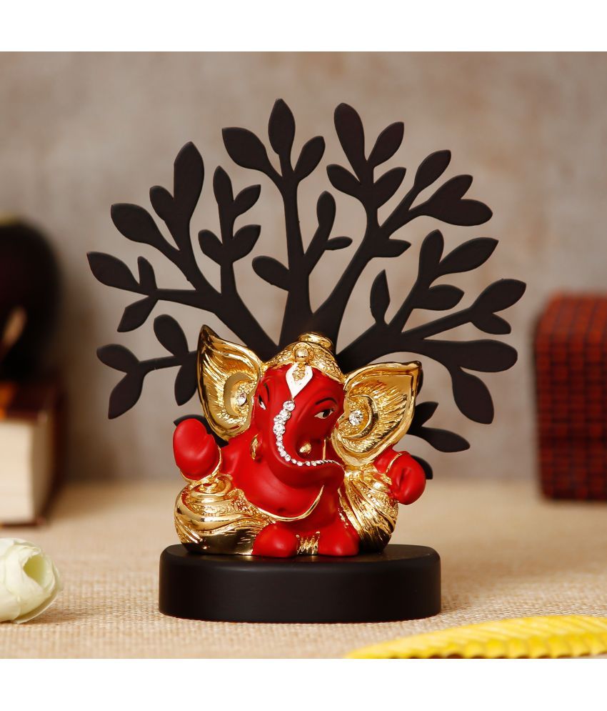     			eCraftIndia Gold-Plated Red & Black Wooden Base Handcrafted Kaan Ganesha Idol With Tree Showpiece