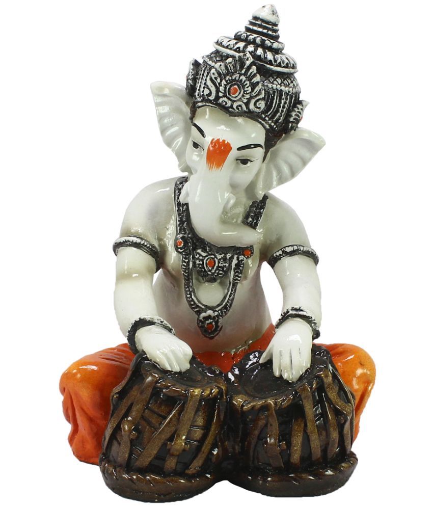     			eCraftIndia Off-White & Orange Handcrafted Lord Ganesha Playing Tabla Idol Showpiece