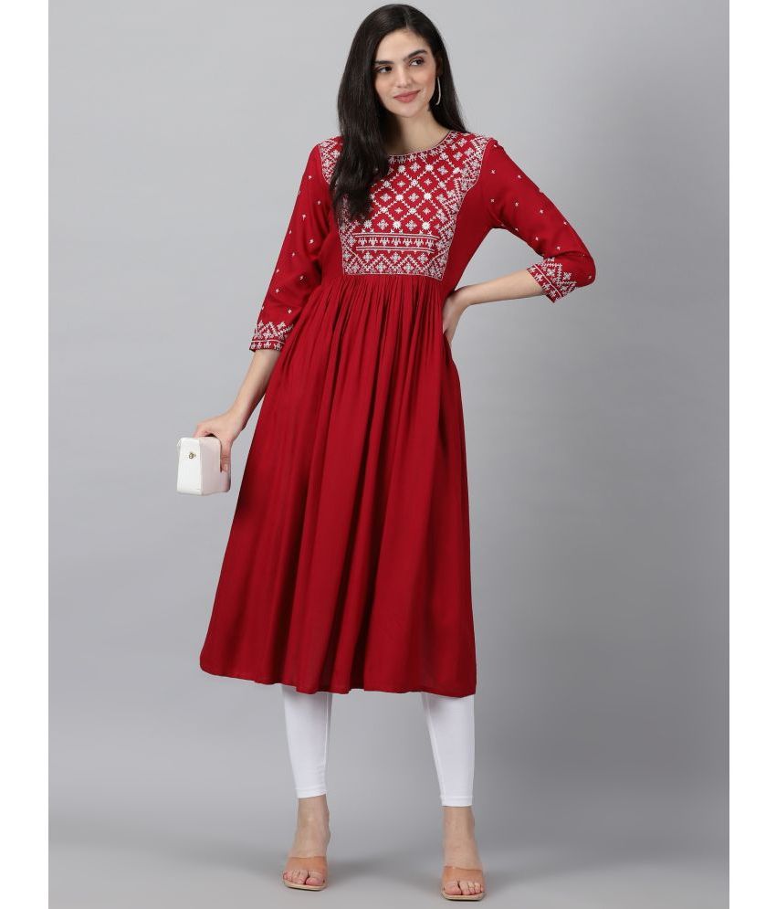     			Fulera Rayon Embroidered Anarkali Women's Kurti - Red ( Pack of 1 )