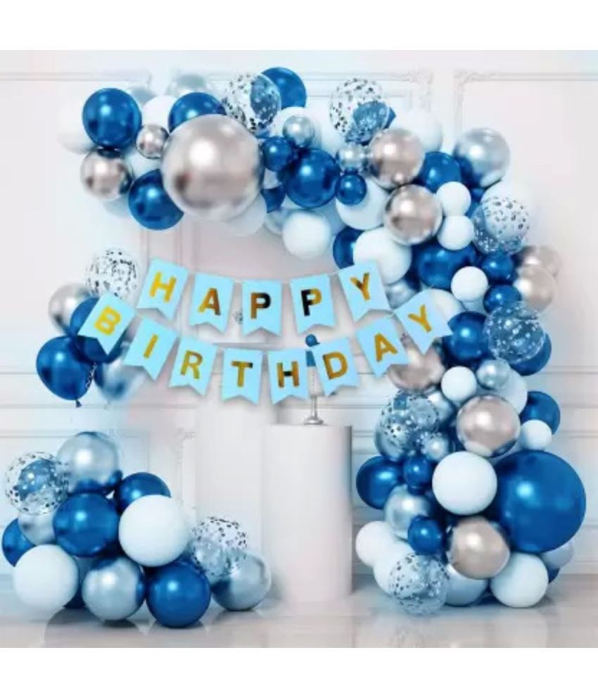     			KR HAPPY BIRTHDAY PARTY DECORATION WITH BLUE BANNER , 45 BLUE WHITE SILVER BALLOON 5 CONFETTI BALLOON 1 ARCH