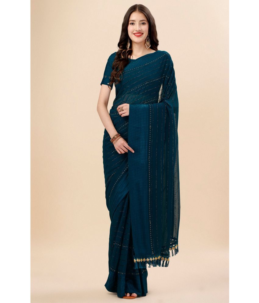     			Rekha Maniyar Brocade Embellished Saree With Blouse Piece - Teal ( Pack of 1 )