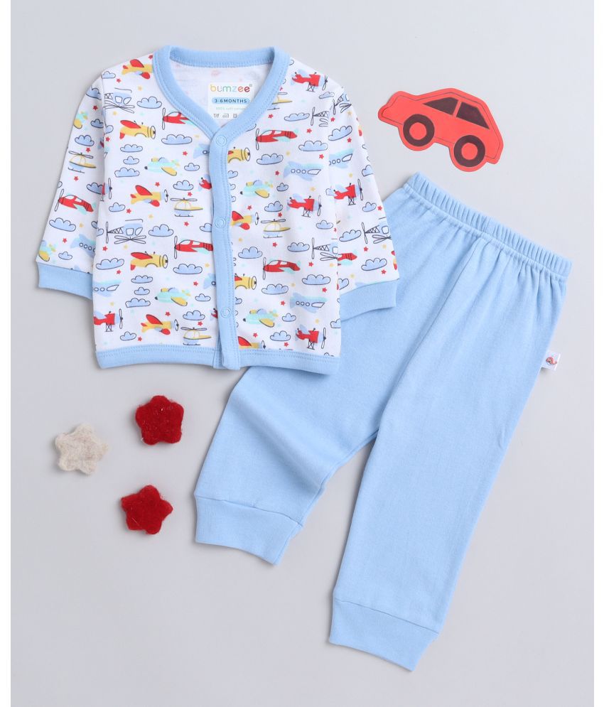     			BUMZEE White & Blue Cotton Baby Boy T-Shirt & Pyjama Set ( Pack of 1 )