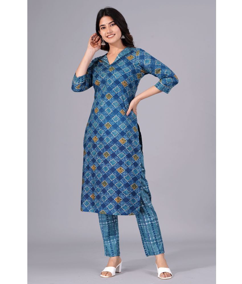     			Mishree Collection Cotton Printed Kurti With Pants Women's Stitched Salwar Suit - Blue ( Pack of 1 )