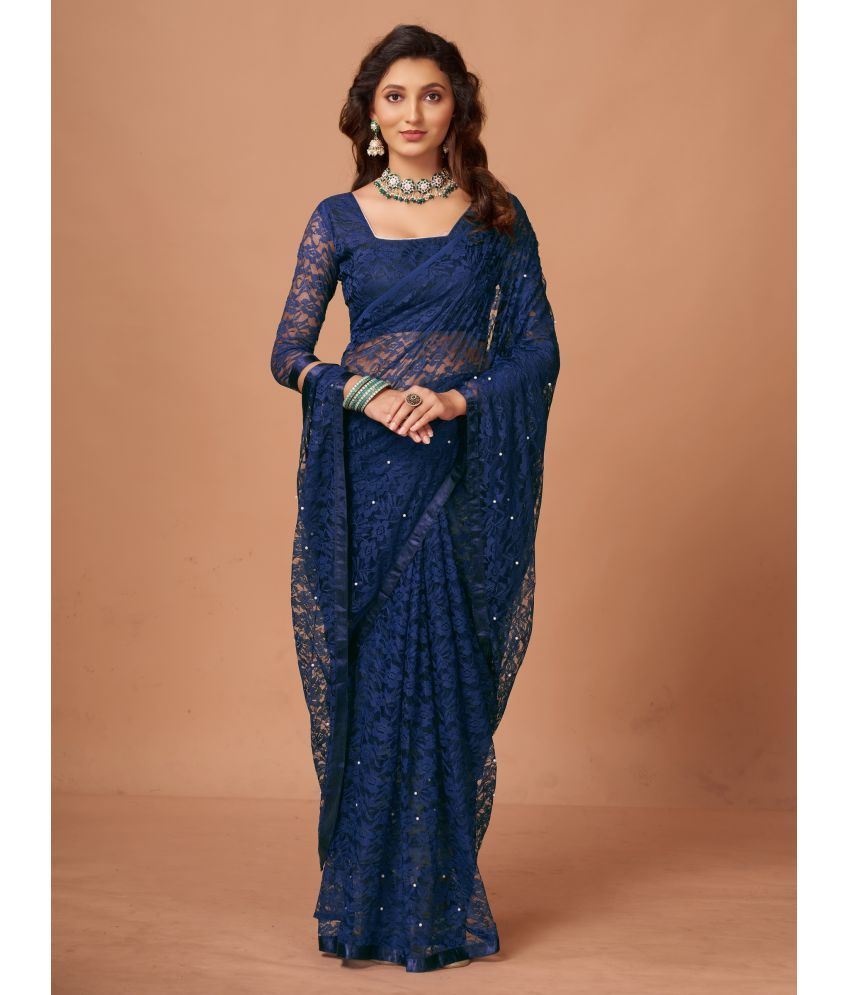     			VANRAJ CREATION Brasso Self Design Saree With Blouse Piece - Navy Blue ( Pack of 1 )