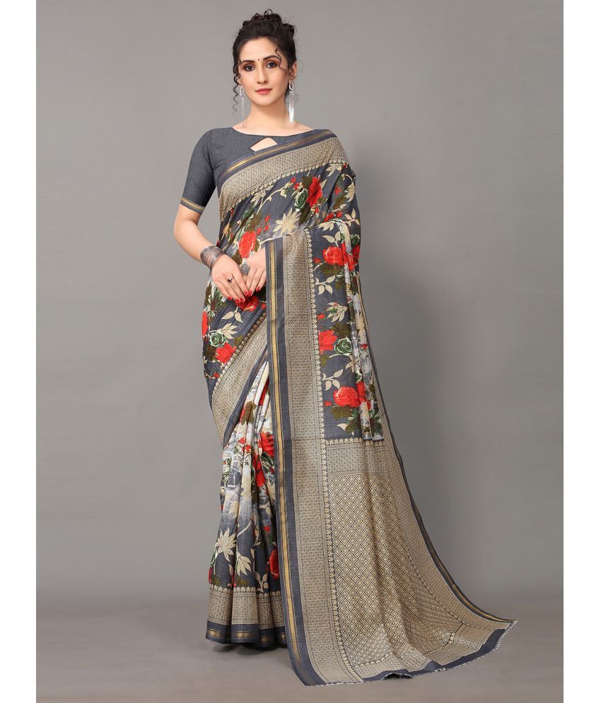     			Aarrah Art Silk Printed Saree With Blouse Piece - Grey ( Pack of 1 )