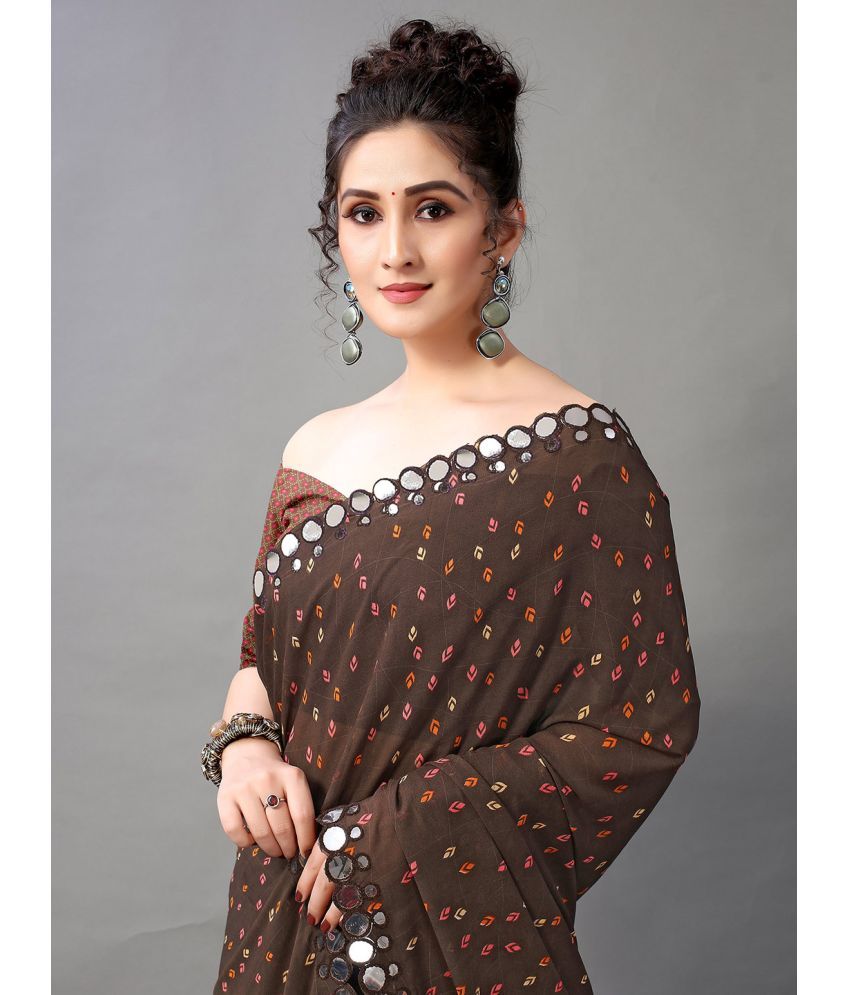     			Aarrah Georgette Printed Saree With Blouse Piece - Brown ( Pack of 1 )