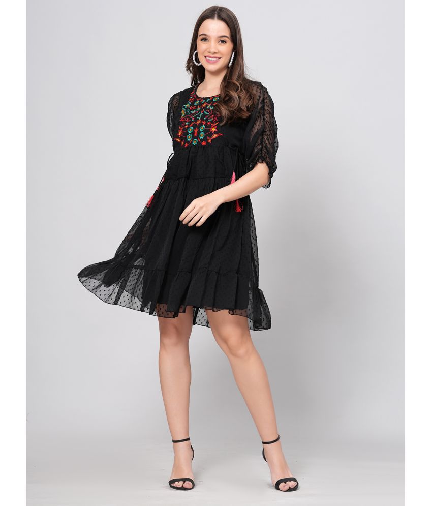     			HIGHLIGHT FASHION EXPORT Crepe Embroidered Knee Length Women's Fit & Flare Dress - Black ( Pack of 1 )