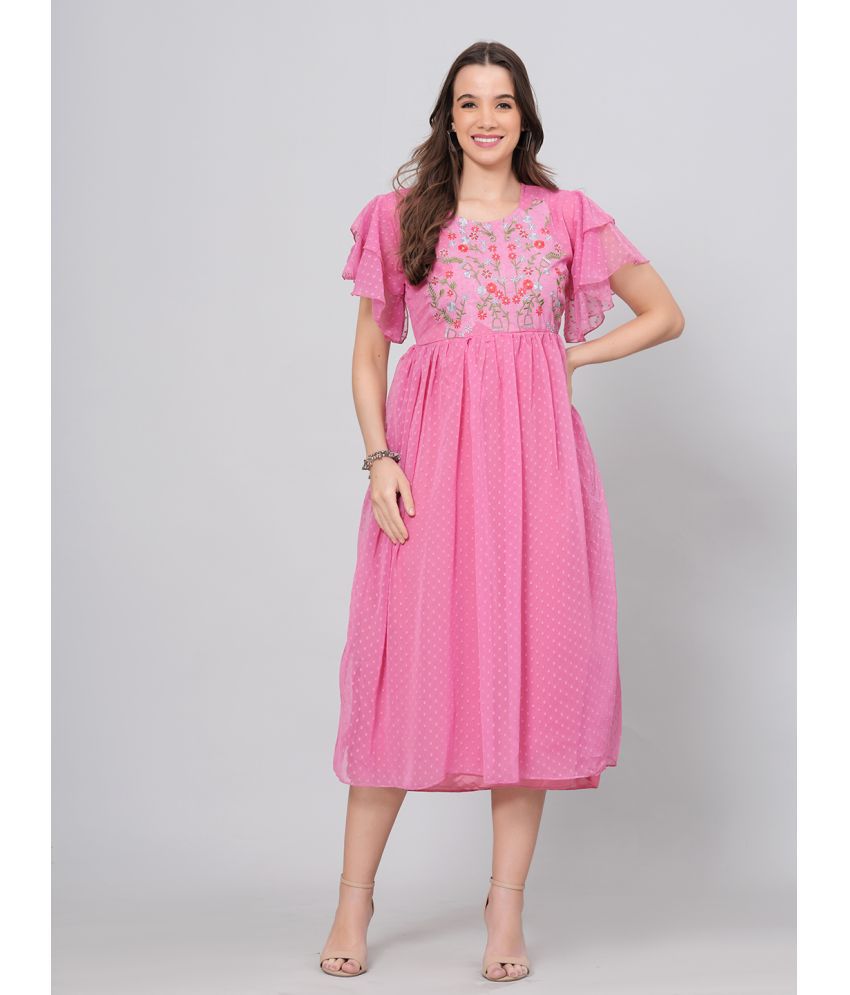     			JC4U Crepe Embroidered Midi Women's Fit & Flare Dress - Pink ( Pack of 1 )
