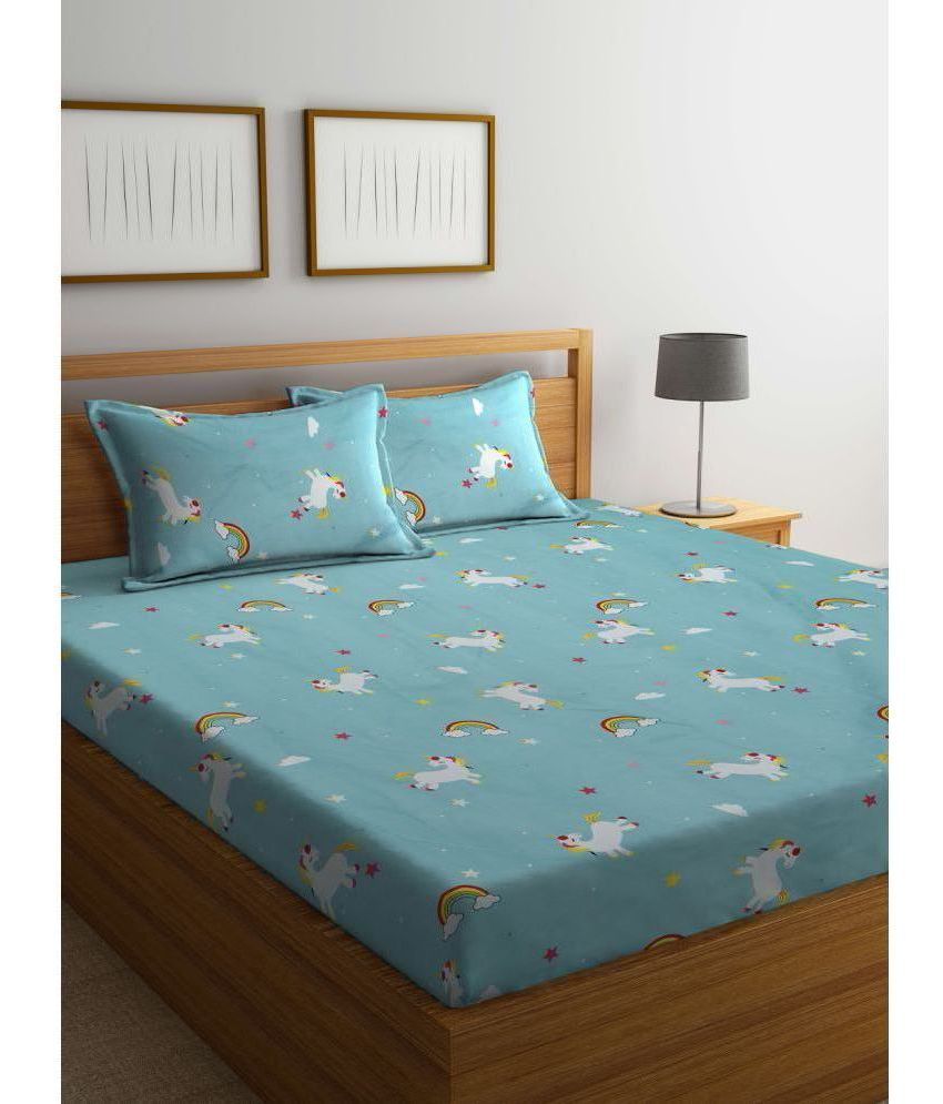     			Klotthe Poly Cotton Graphic 1 Double King Size Bedsheet with 2 Pillow Covers - Turquoise
