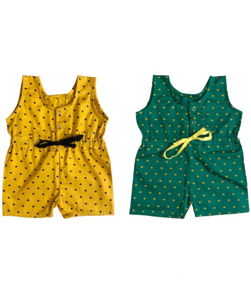     			The Creators Green & Yellow Cotton Rompers For Unisex ( Pack of 2 )