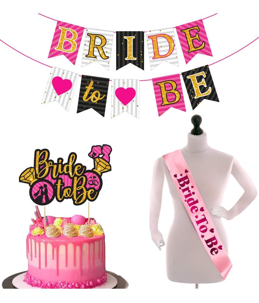     			Zyozi Bridal Shower & Bachelorette Party Decoration Set - Bride To Be Banner, Cake Topper & Sash (Pack of 3)