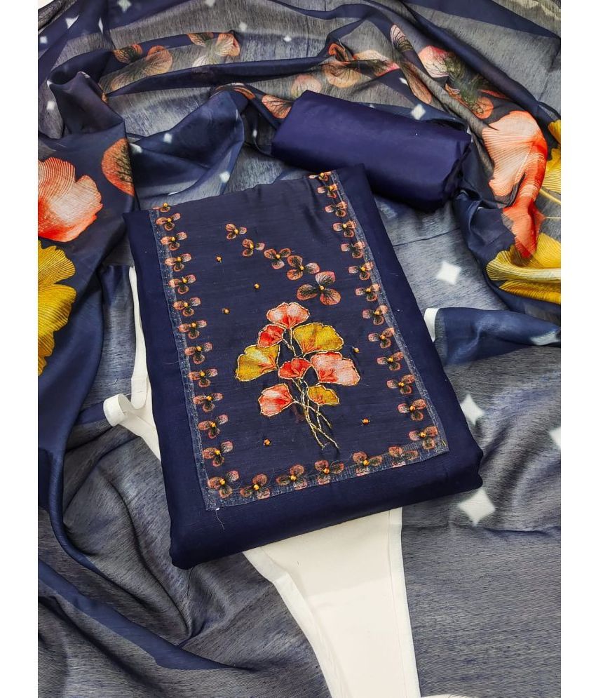     			ALSHOP Unstitched Cotton Embroidered Dress Material - Navy Blue ( Pack of 1 )