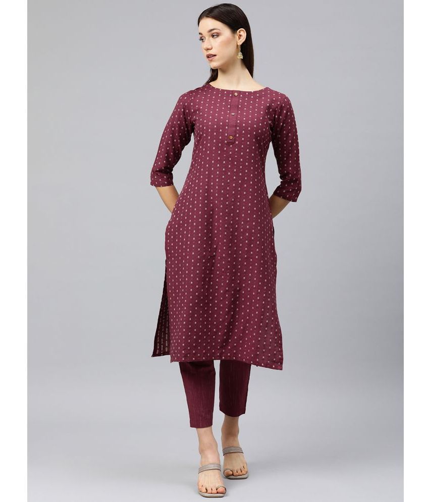     			Aarrah Cotton Blend Printed Kurti With Pants Women's Stitched Salwar Suit - Burgundy ( Pack of 1 )