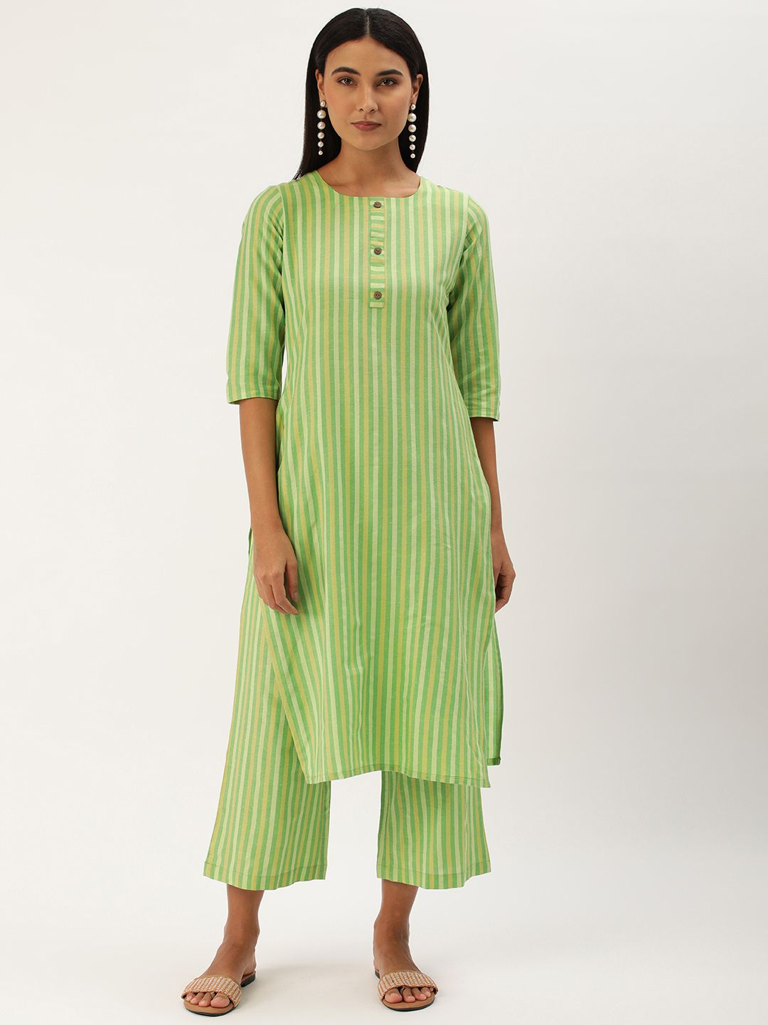     			Aarrah Cotton Striped Kurti With Pants Women's Stitched Salwar Suit - Green ( Pack of 1 )