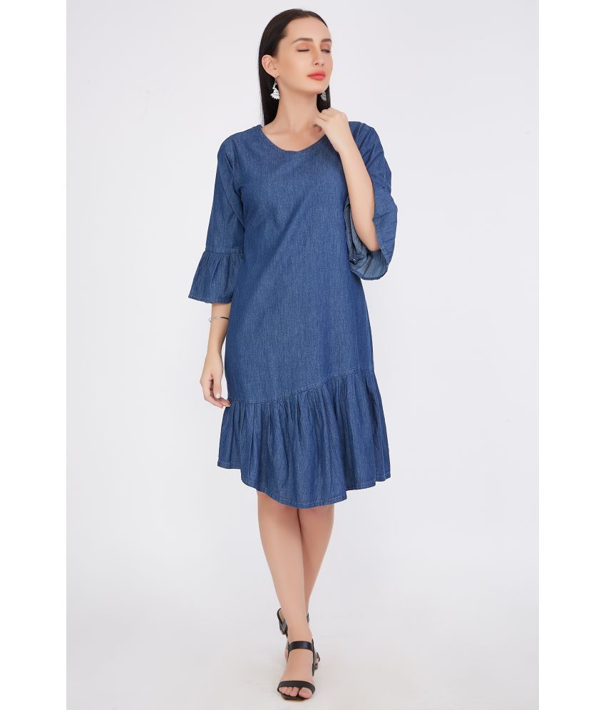     			CEFALU Denim Solid Knee Length Women's A-line Dress - Blue ( Pack of 1 )