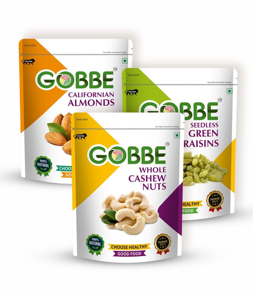     			GOBBE Premium Californian Almonds/Badam + Cashew Nuts/Badam + Green Raisins/Kishmish Combo | Fresh Dry Fruit, High in Protein & Dietary Fiber - 600 Grams (Pack of 3) (200*3)