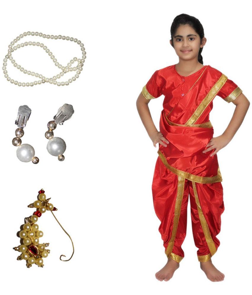     			Kaku Fancy Dresses Marathi Girl Lavni Folk Dance Costume with Jewellery for Kids - Red, 7-8 Years