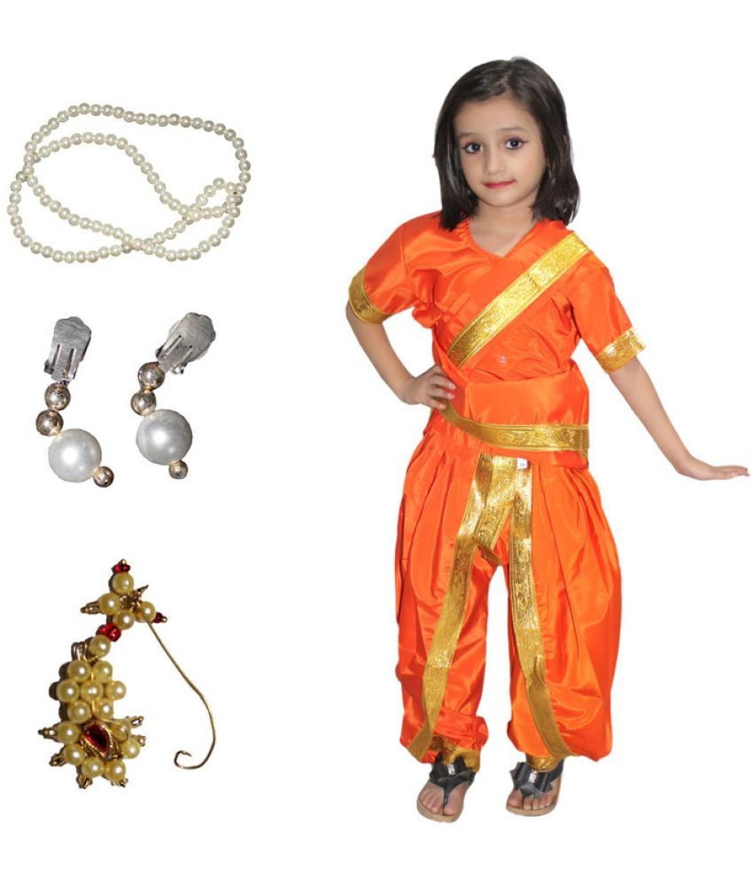     			Kaku Fancy Dresses Marathi Girl Lavni Folk Dance Costume with Jewellery for Kids - Orange, 10-12 Years