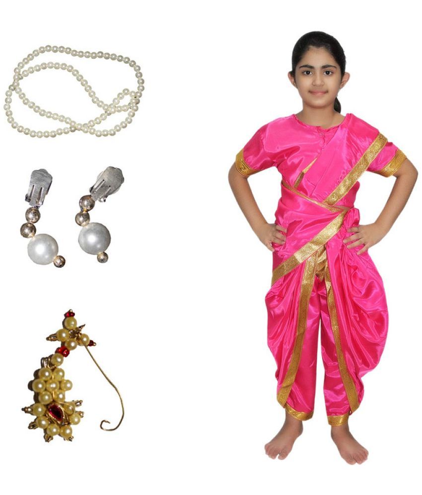     			Kaku Fancy Dresses Silk/Polyester Marathi Girl Lavni Folk Dance Costume With Jewellery For Kids-Magenta|14-17 Years