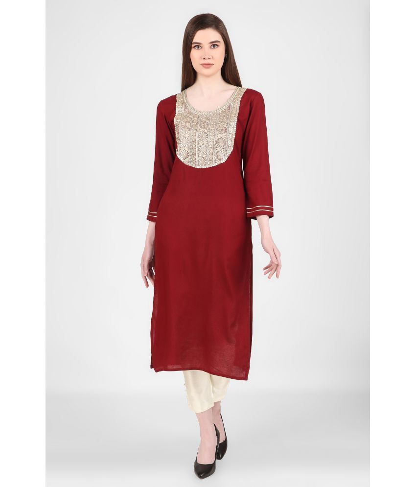     			ravishree Rayon Embellished Straight Women's Kurti - Maroon ( Pack of 1 )