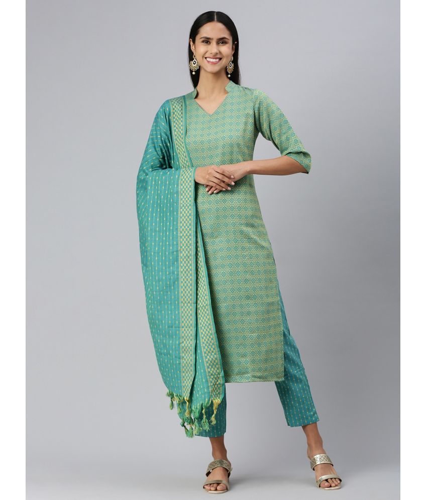     			Aarrah Cotton Blend Self Design Kurti With Salwar Women's Stitched Salwar Suit - Green ( Pack of 3 )