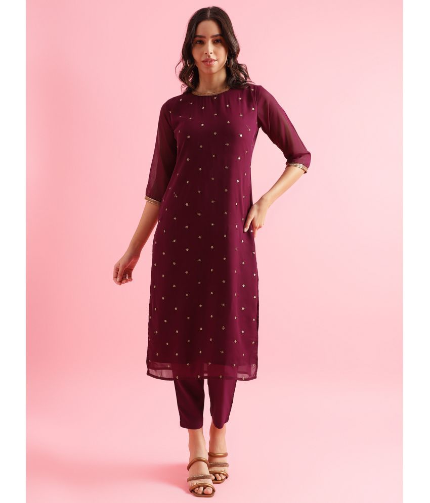     			Aarrah Georgette Self Design Kurti With Pants Women's Stitched Salwar Suit - Purple ( Pack of 2 )