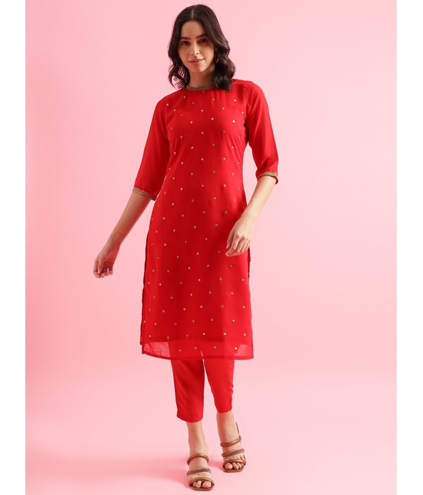     			Aarrah Georgette Self Design Kurti With Pants Women's Stitched Salwar Suit - Red ( Pack of 2 )