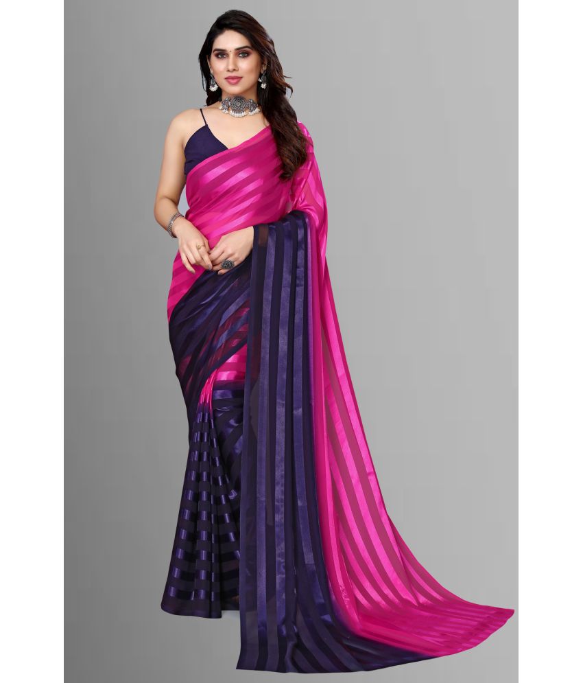     			Anand Satin Striped Saree Without Blouse Piece - Pink ( Pack of 1 )