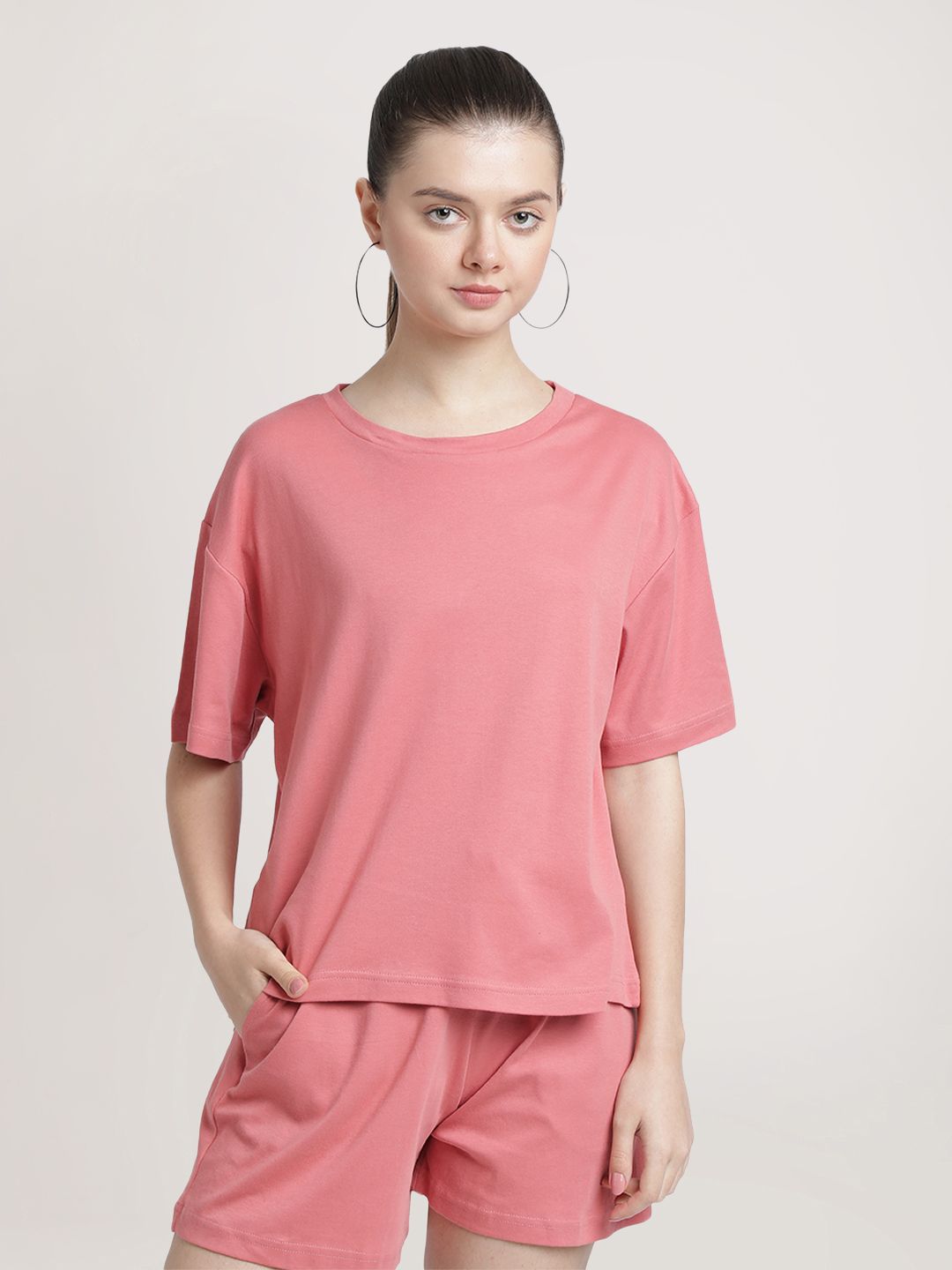     			Bene Kleed Women Peach-Coloured Oversized Pure Cotton T-shirt