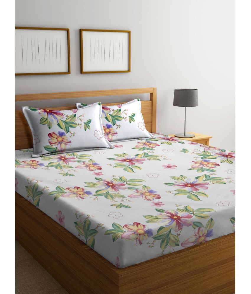     			Klotthe Poly Cotton Floral 1 Double Bedsheet with 2 Pillow Covers - White