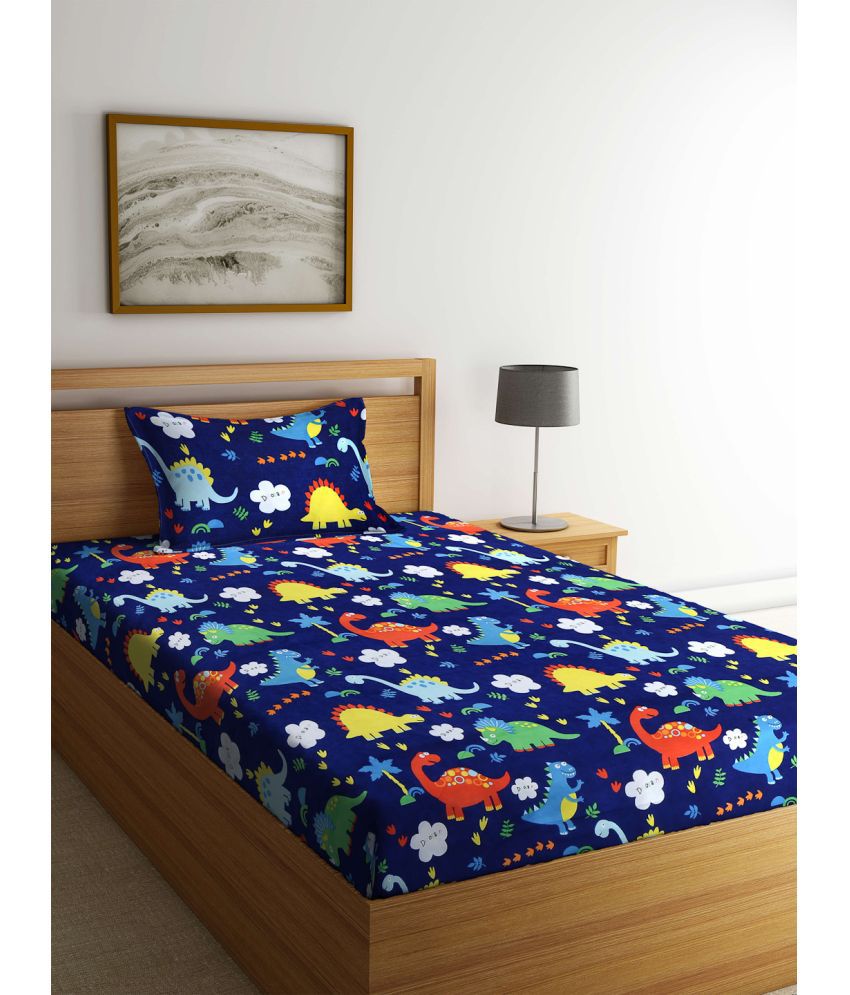     			Klotthe Poly Cotton Animal 1 Single Bedsheet with 1 Pillow Cover - Navy Blue