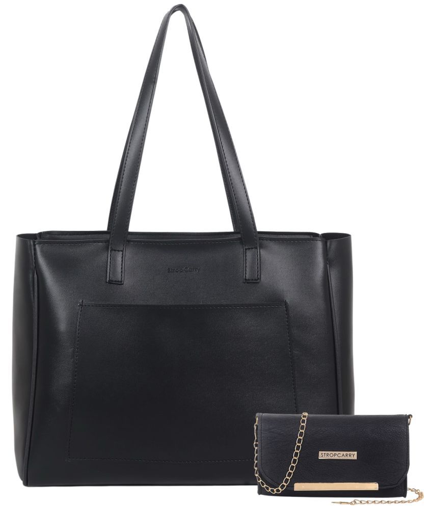     			Stropcarry Black Faux Leather Tote Bag