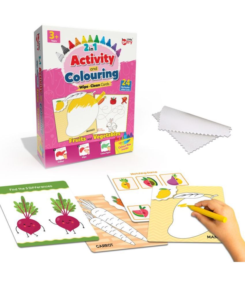     			Little Berry 2-in-1 Activity & Colouring Wipe Clean Flash Cards for Kids: Fruits & Vegetables - 24 Cards With Crayons (Multicolour)